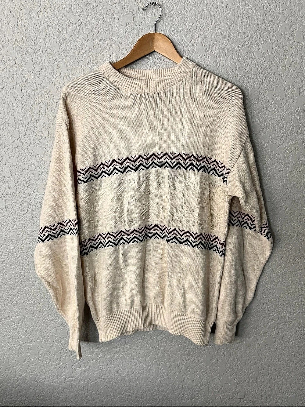 The Men's Store at Sears Men's Cream Geometric Sweater Vintage Size Large